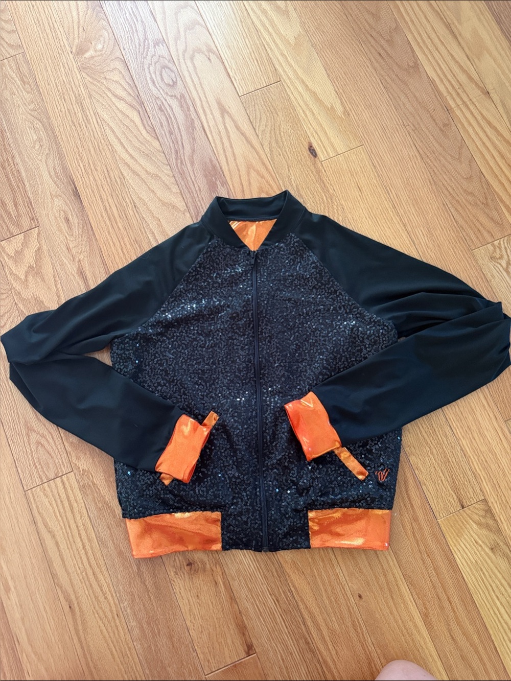 Varsity Brand Black Sequin Bomber Jacket with Orange Trim🧡- AS